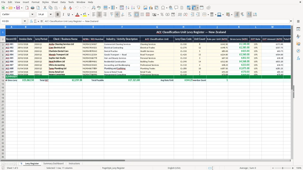 Screenshot 1: Levy Register tab - Excel template acc classification unit levy excel template nz