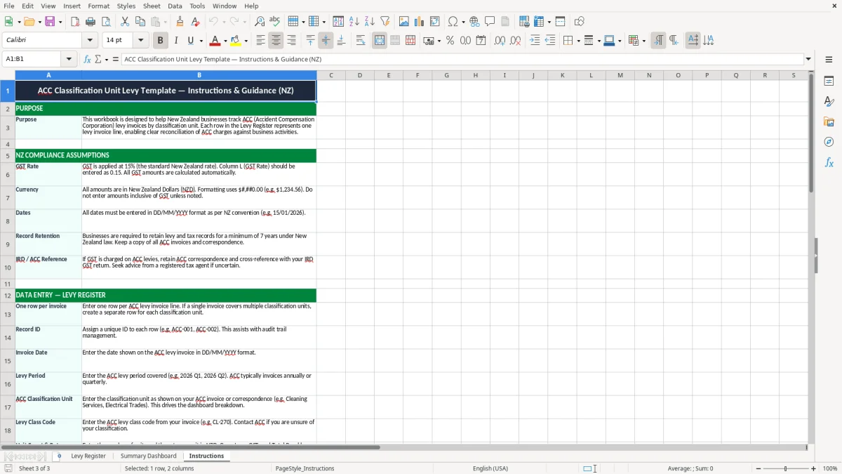 Screenshot 3: Instructions tab - Excel template acc classification unit levy excel template nz