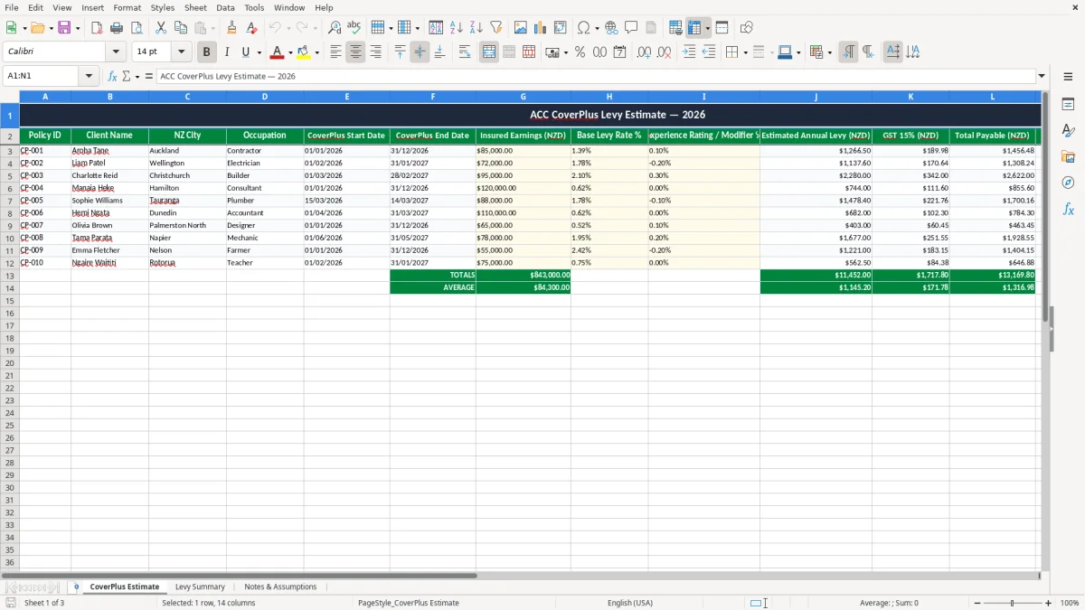 Screenshot 1: CoverPlus Estimate tab - Excel template acc coverplus levy estimate excel spreadsheet nz