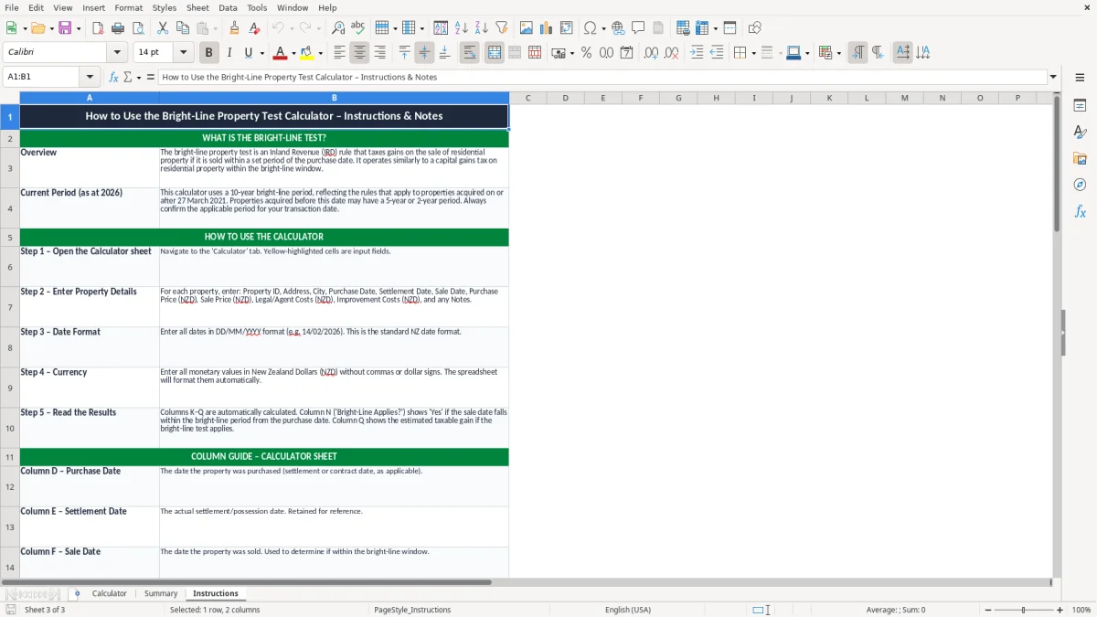 Screenshot 3: Instructions tab - Excel template bright line property test calculator excel spreadsheet nz