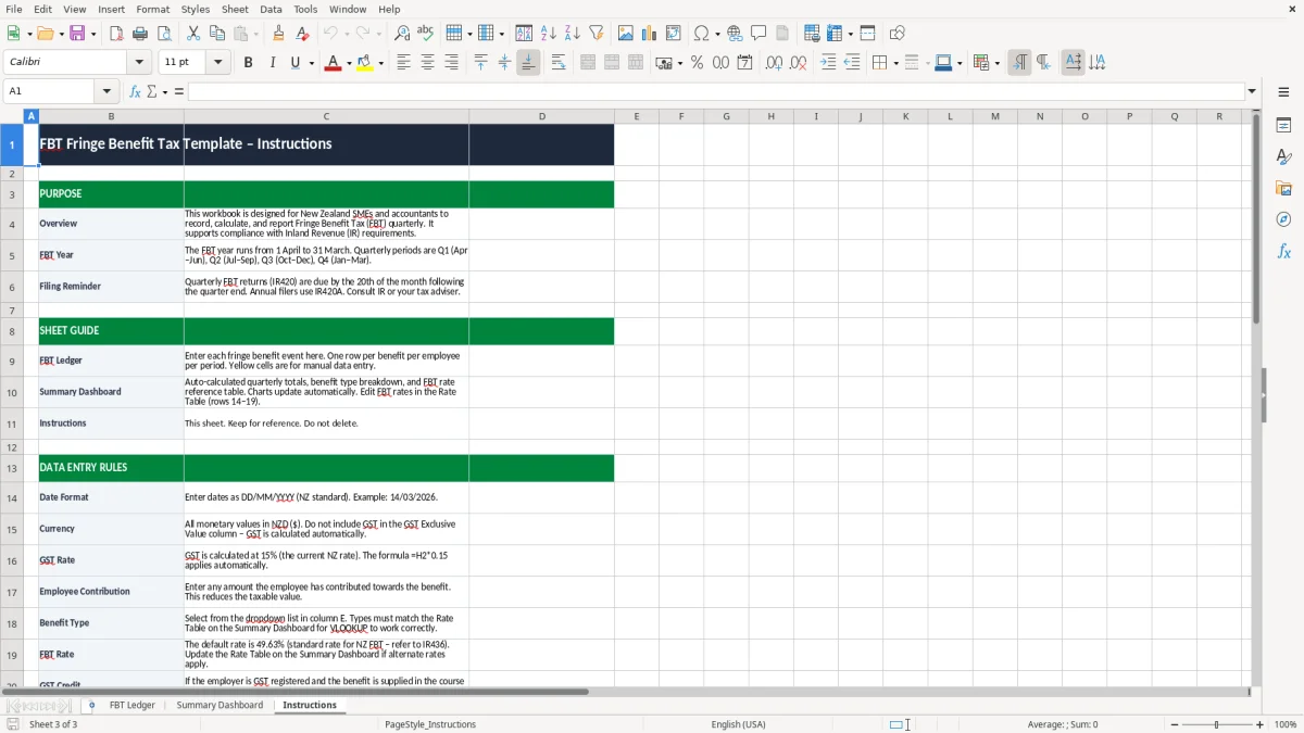 Screenshot 3: Instructions tab - Excel template fbt fringe benefit tax quarterly excel template nz