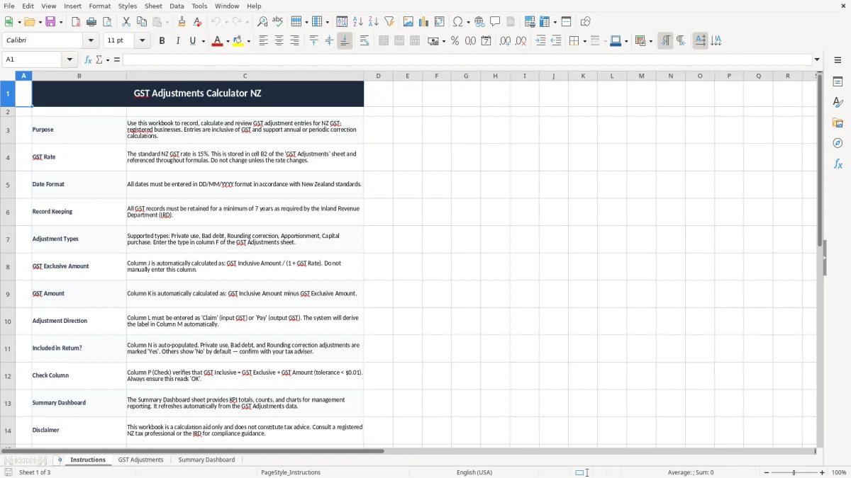 Screenshot 1: Instructions tab - Excel template gst adjustments calculation excel spreadsheet nz