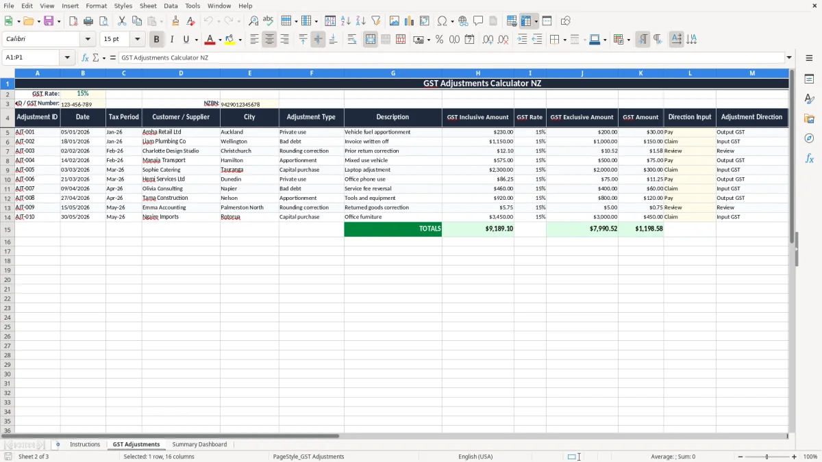 Screenshot 2: GST Adjustments tab - Excel template gst adjustments calculation excel spreadsheet nz