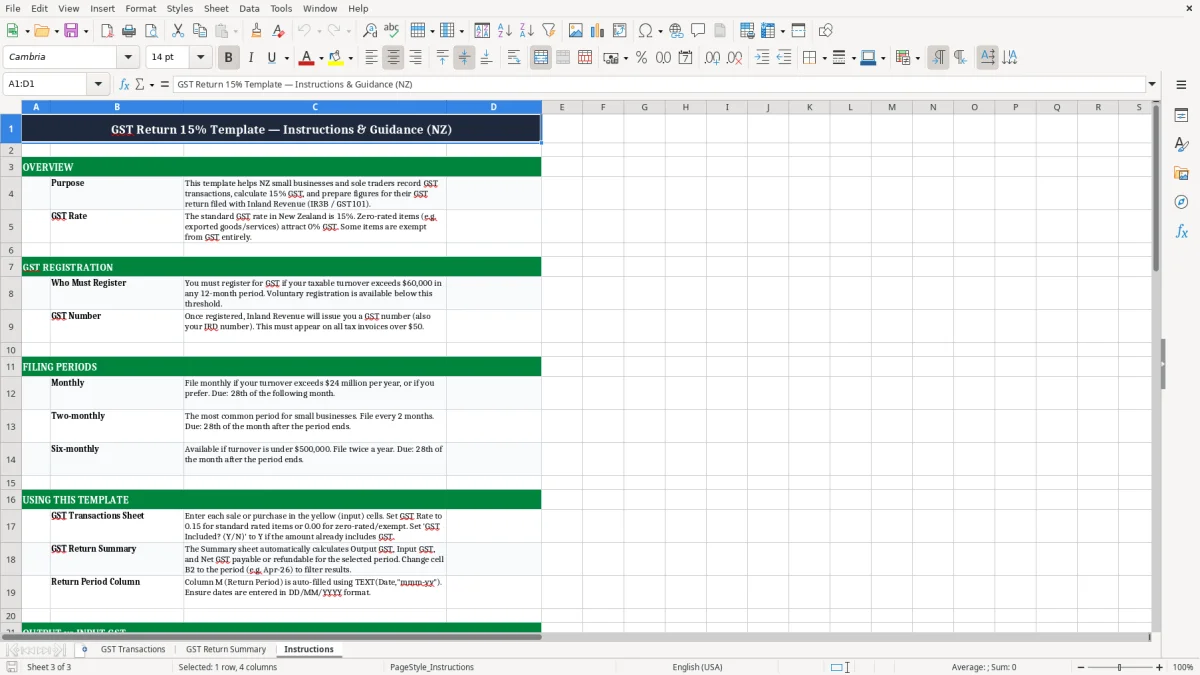 Screenshot 3: Instructions tab - Excel template gst return 15 percent excel template nz
