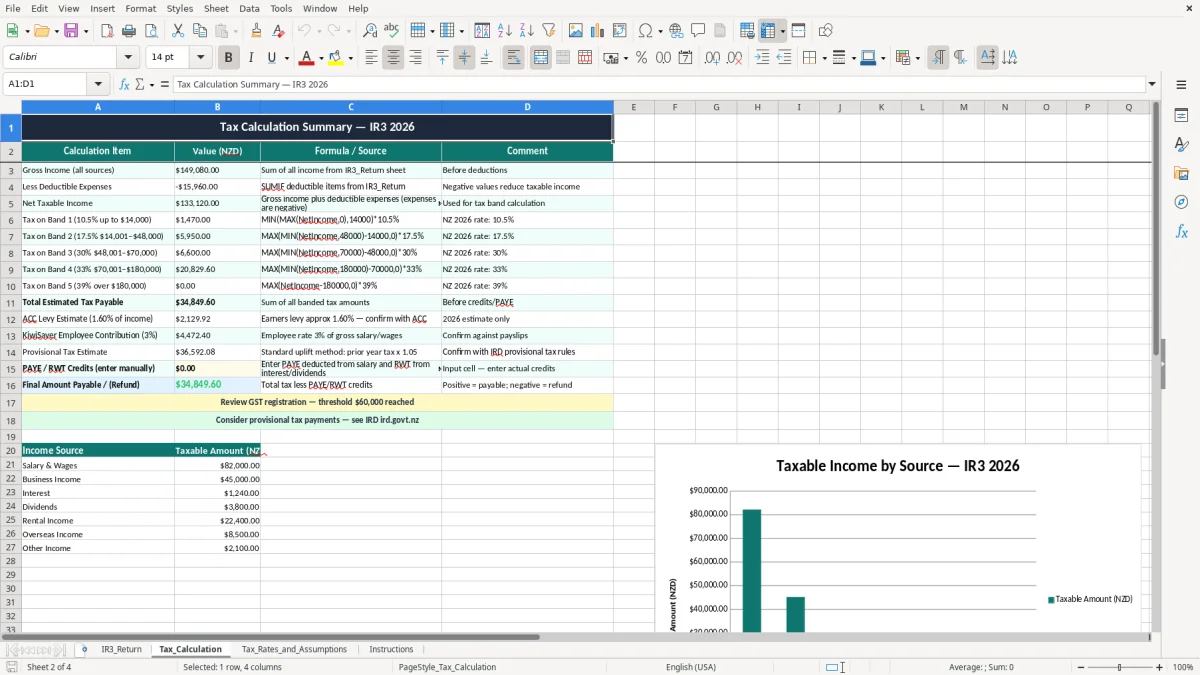 Skärmbild 2: fliken Tax_Calculation - Excelmall ir3 income tax return excel spreadsheet nz