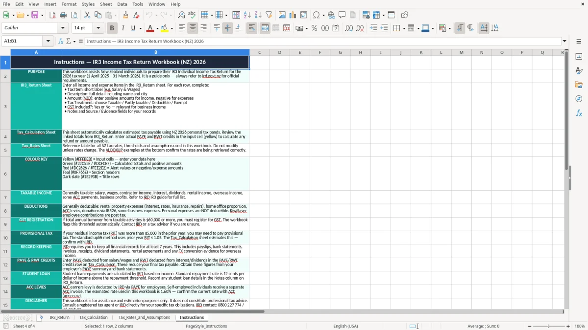 Skärmbild 4: fliken Instructions - Excelmall ir3 income tax return excel spreadsheet nz