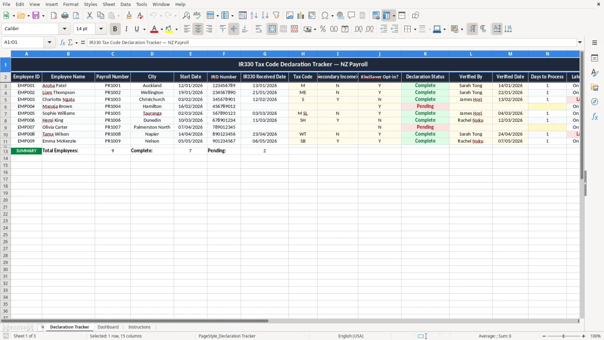 Skärmbild 1: fliken Declaration Tracker - Excelmall ir330 tax code declaration tracker excel template nz