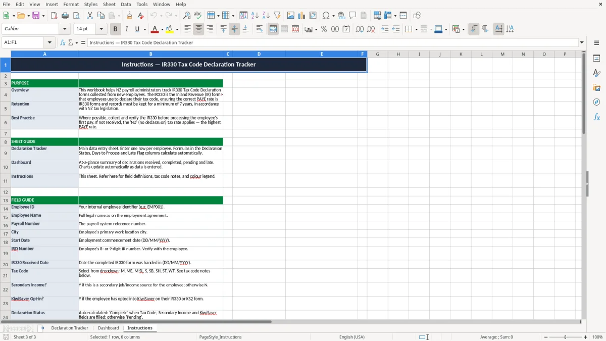 Skärmbild 3: fliken Instructions - Excelmall ir330 tax code declaration tracker excel template nz
