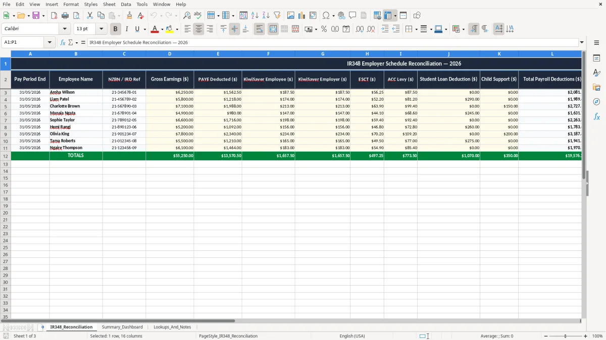 Screenshot 1: IR348_Reconciliation tab - Excel template ir348 employer schedule reconciliation excel spreadsheet nz