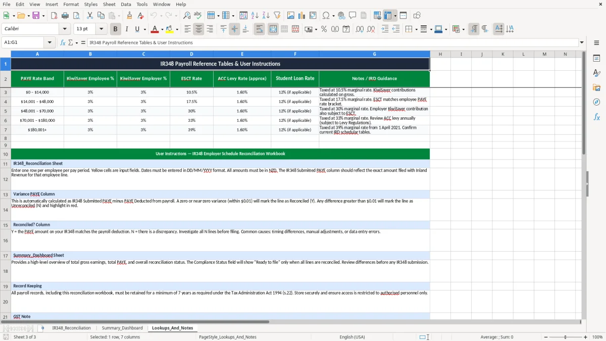 Screenshot 3: Lookups_And_Notes tab - Excel template ir348 employer schedule reconciliation excel spreadsheet nz