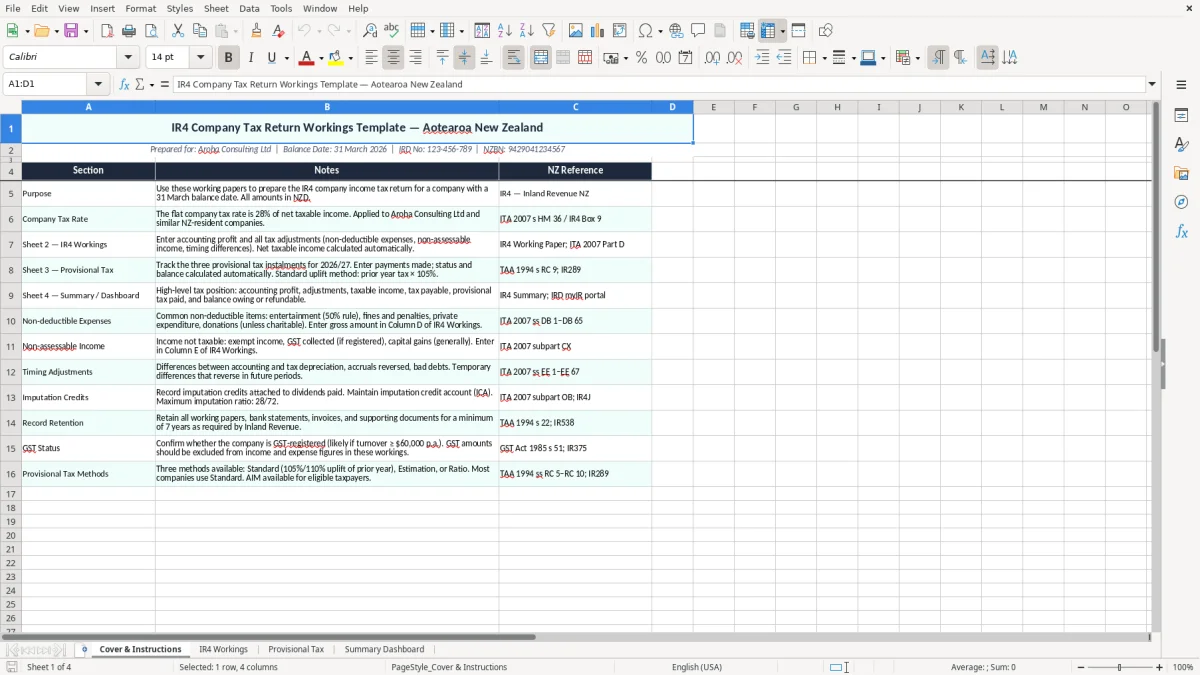Skärmbild 1: fliken Cover & Instructions - Excelmall ir4 company tax return workings excel template nz