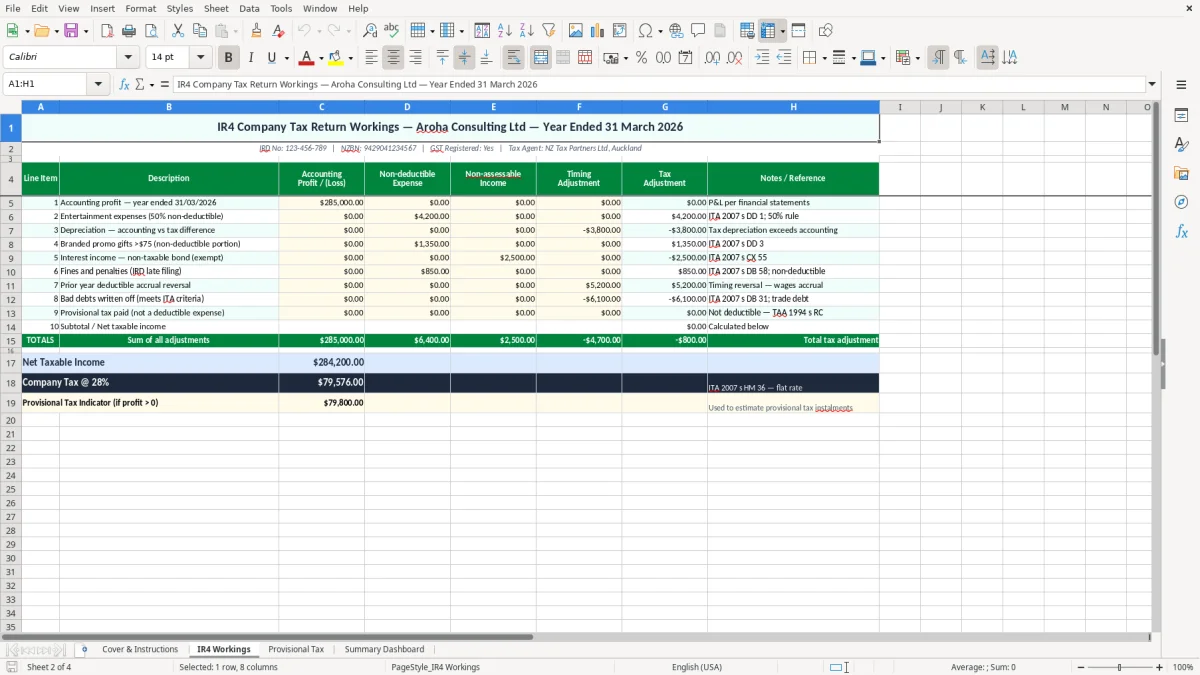 Skärmbild 2: fliken IR4 Workings - Excelmall ir4 company tax return workings excel template nz