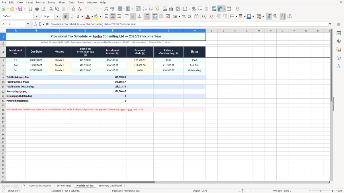 Skärmbild 3: fliken Provisional Tax - Excelmall ir4 company tax return workings excel template nz