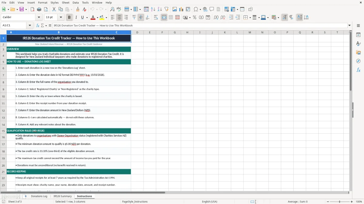 Skärmbild 3: fliken Instructions - Excelmall ir526 donation tax credit claim excel spreadsheet nz