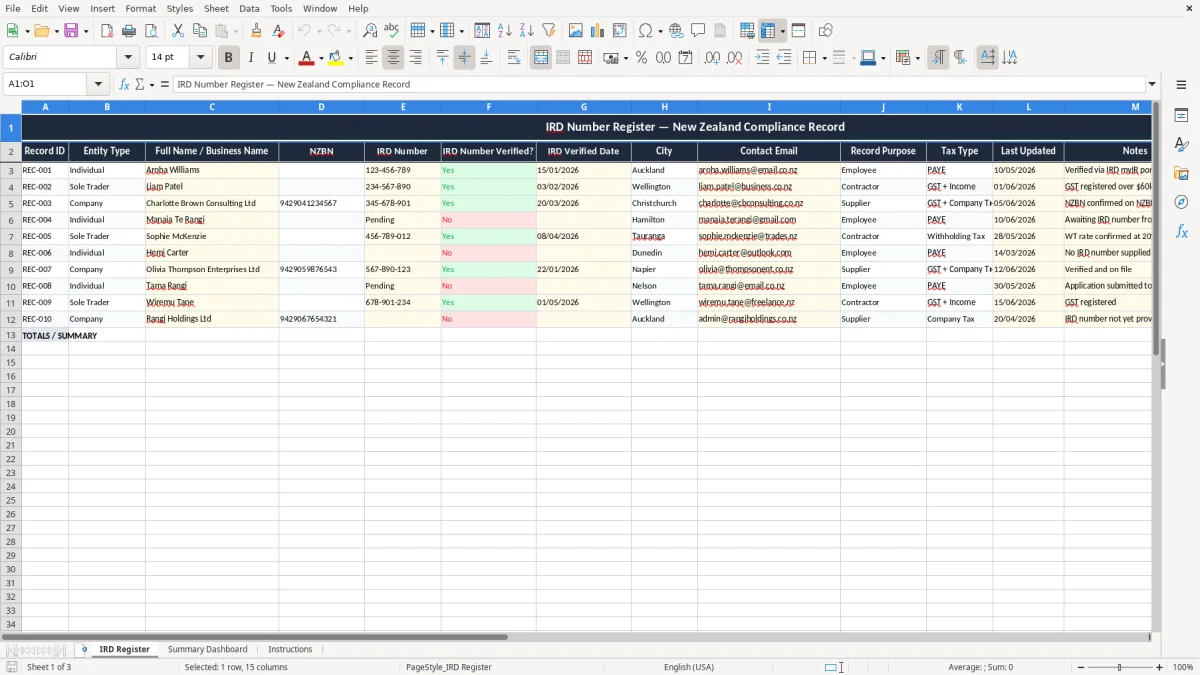 Screenshot 1: IRD Register tab - Excel template ird number record keeping excel template nz