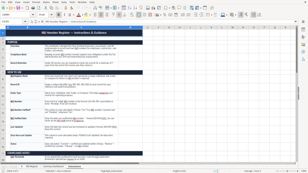 Screenshot 3: Instructions tab - Excel template ird number record keeping excel template nz