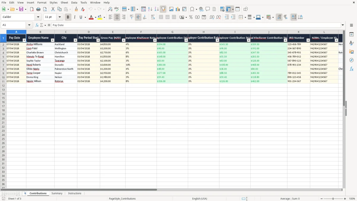 Screenshot 1: Contributions tab - Excel template kiwisaver contributions tracker excel template nz