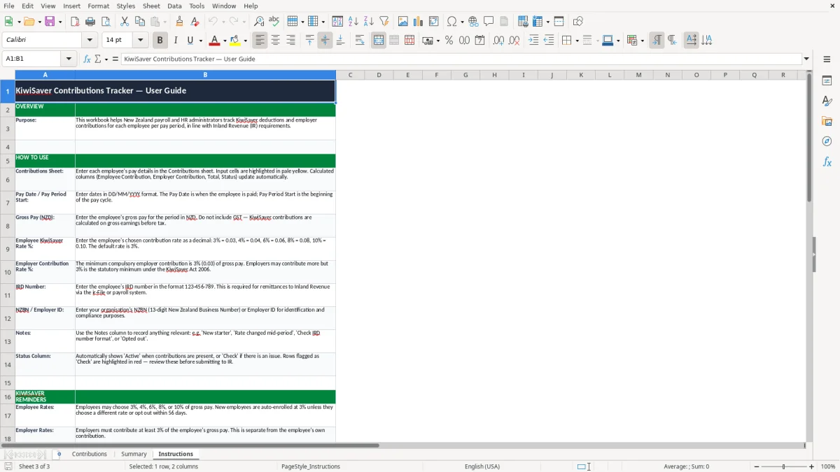 Screenshot 3: Instructions tab - Excel template kiwisaver contributions tracker excel template nz