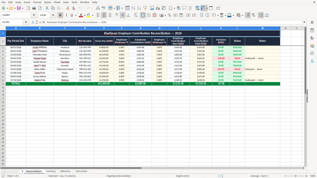Screenshot 1: Reconciliation tab - Excel template kiwisaver employer contribution reconciliation excel spreadsheet nz