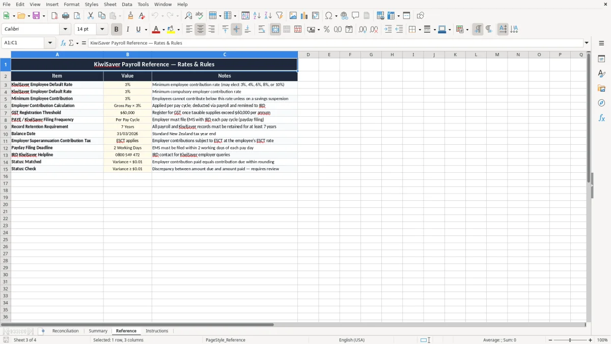 Screenshot 3: Reference tab - Excel template kiwisaver employer contribution reconciliation excel spreadsheet nz