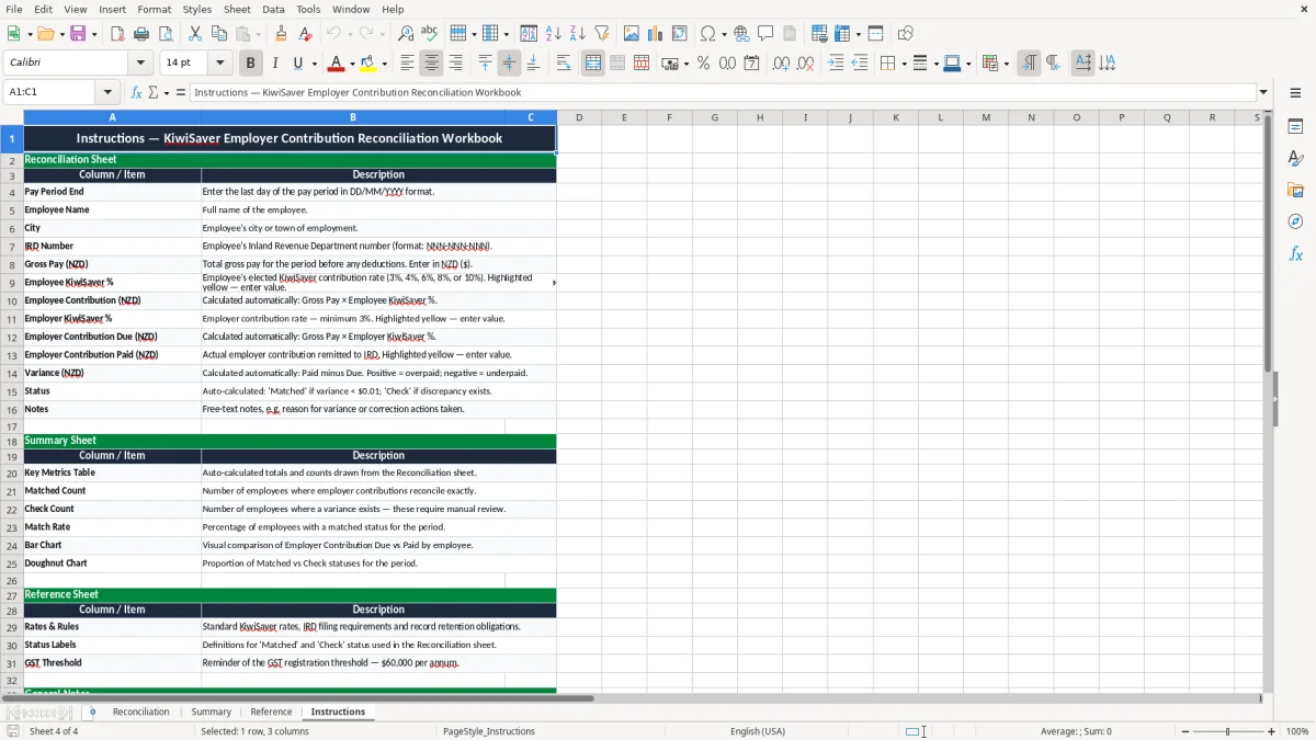 Screenshot 4: Instructions tab - Excel template kiwisaver employer contribution reconciliation excel spreadsheet nz