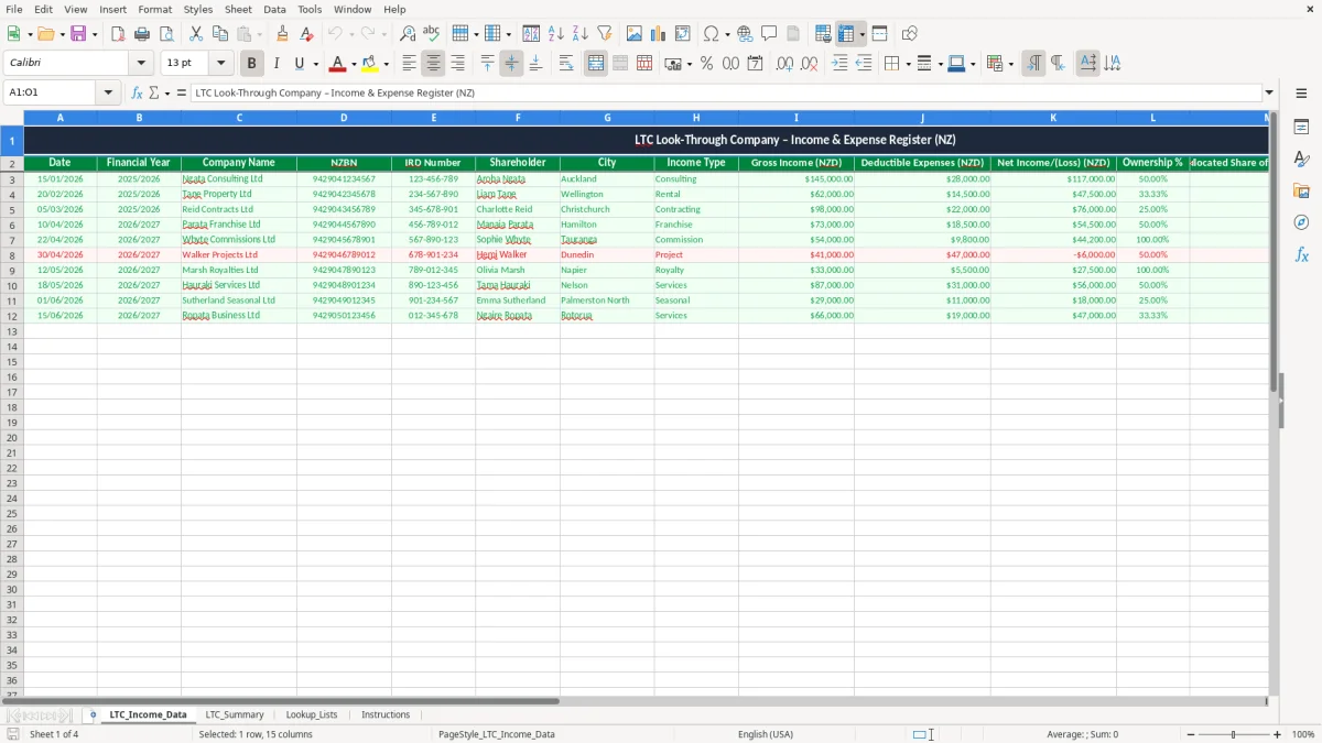 Screenshot 1: LTC_Income_Data tab - Excel template look through company ltc income excel template nz