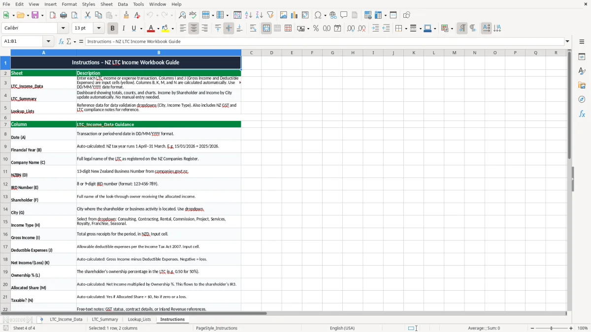 Screenshot 4: Instructions tab - Excel template look through company ltc income excel template nz