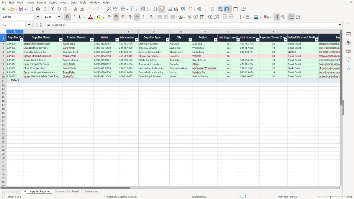 Screenshot 1: Supplier Register tab - Excel template nzbn supplier register excel spreadsheet nz