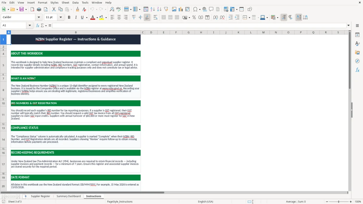 Screenshot 3: Instructions tab - Excel template nzbn supplier register excel spreadsheet nz