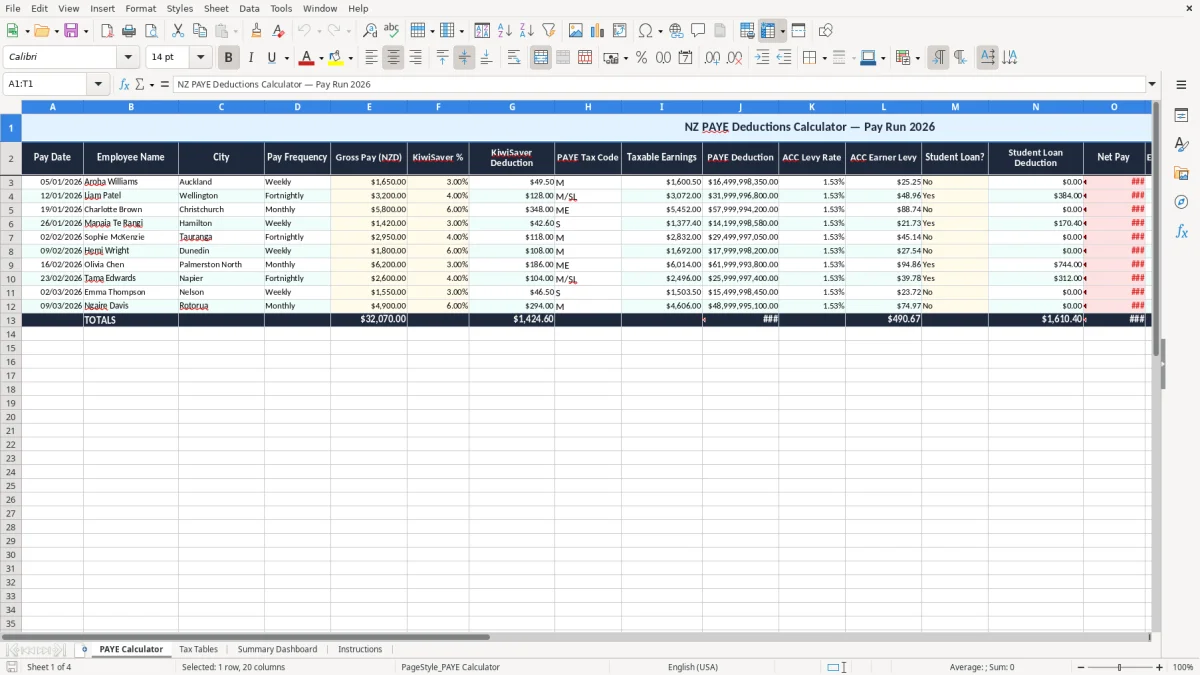 Screenshot 1: PAYE Calculator tab - Excel template paye deductions calculator excel template nz
