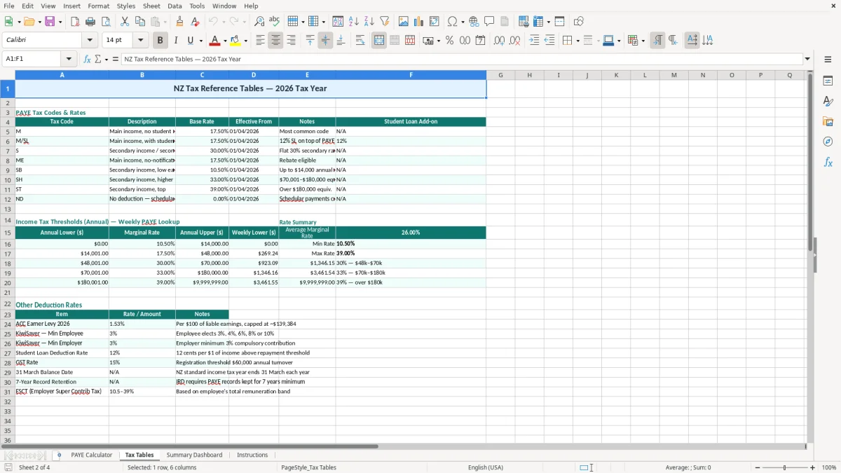Screenshot 2: Tax Tables tab - Excel template paye deductions calculator excel template nz