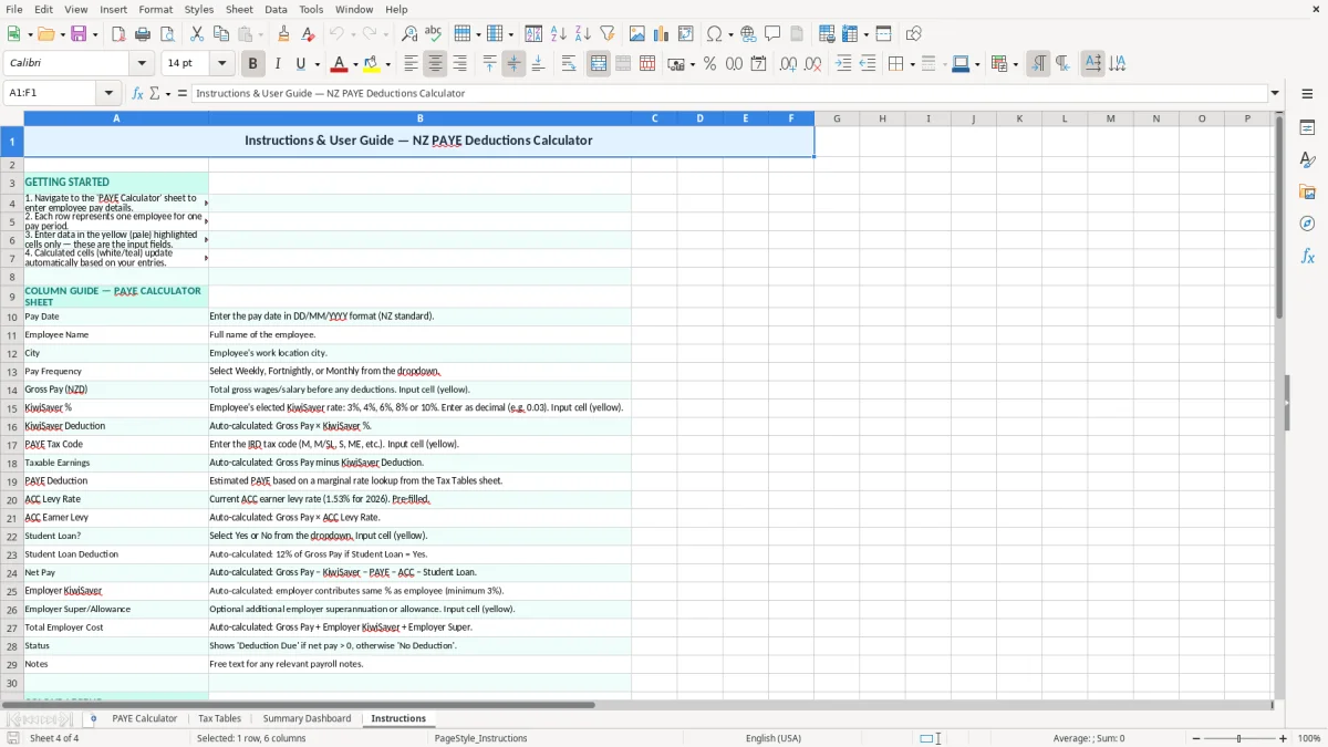 Screenshot 4: Instructions tab - Excel template paye deductions calculator excel template nz