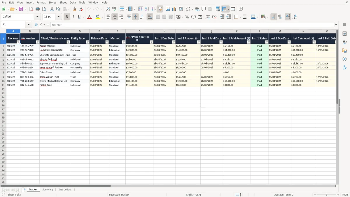 Screenshot 1: Tracker tab - Excel template provisional tax instalments tracker excel template nz