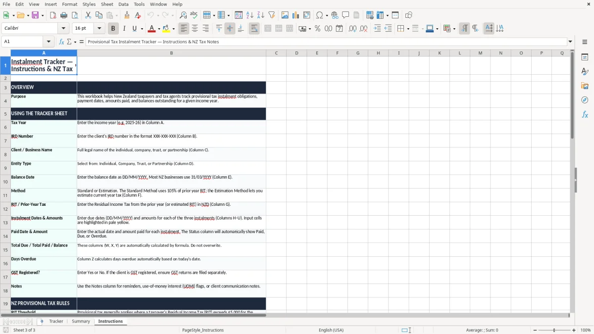 Screenshot 3: Instructions tab - Excel template provisional tax instalments tracker excel template nz