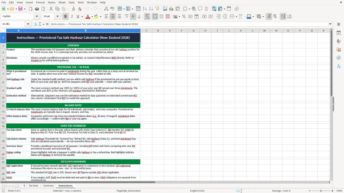 Screenshot 3: Instructions tab - Excel template provisional tax safe harbour excel spreadsheet nz