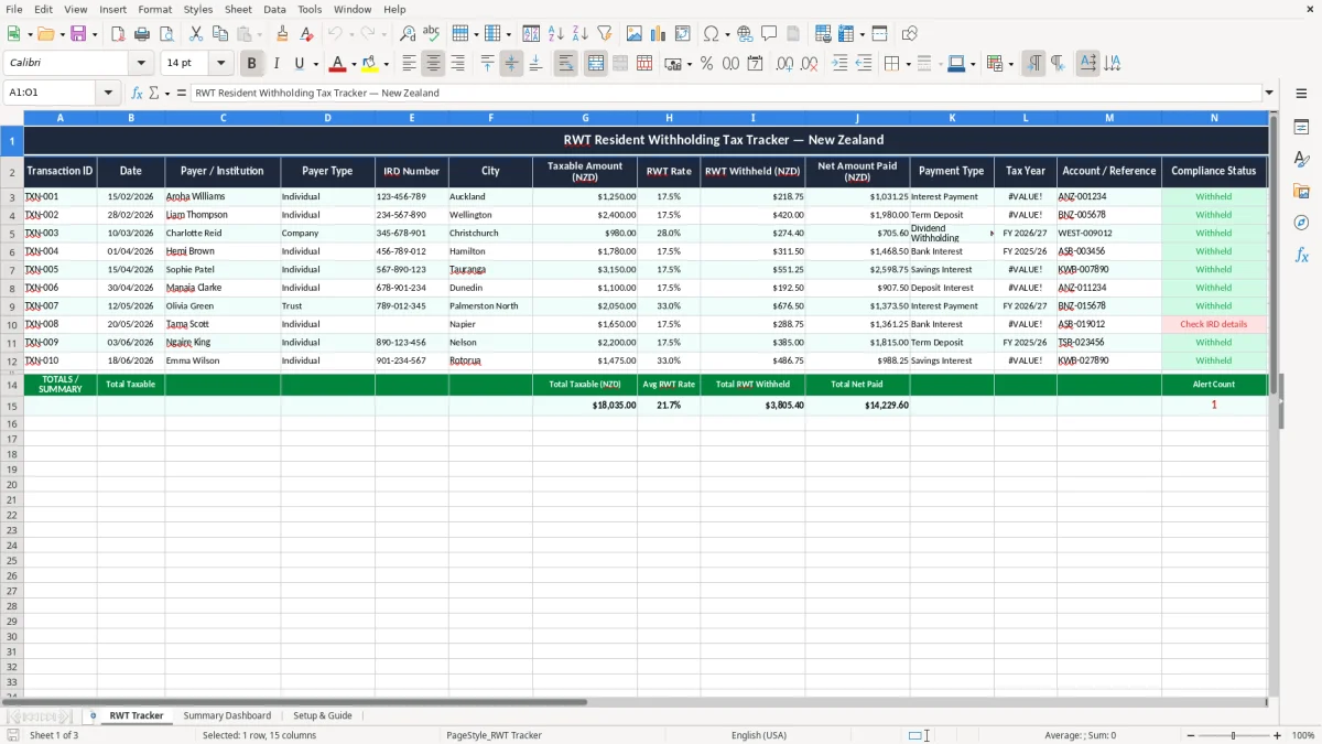Screenshot 1: RWT Tracker tab - Excel template rwt resident withholding tax tracker excel spreadsheet nz