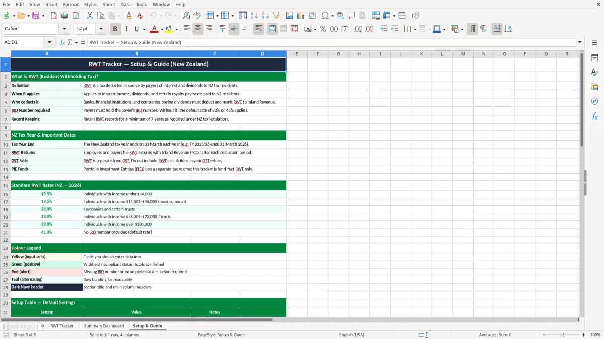 Screenshot 3: Setup & Guide tab - Excel template rwt resident withholding tax tracker excel spreadsheet nz