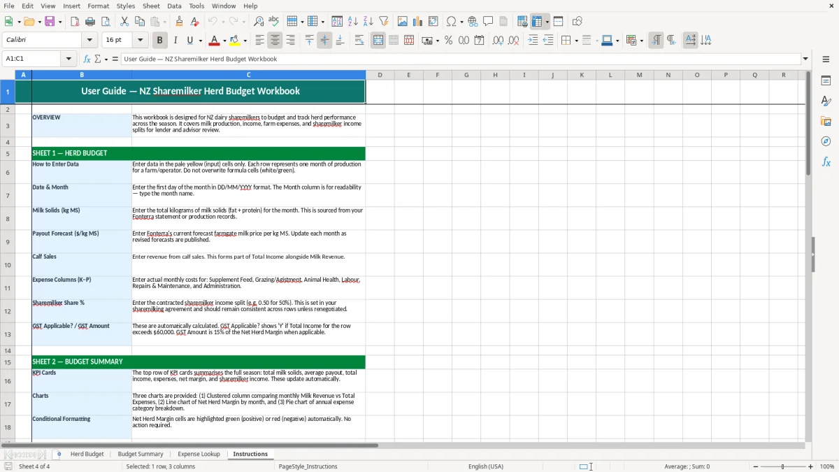 Screenshot 4: Instructions tab - Excel template sharemilker herd budget excel template nz