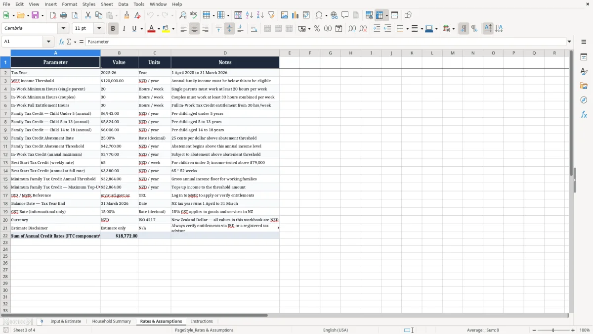 Screenshot 3: Rates & Assumptions tab - Excel template working for families tax credit estimate excel spreadsheet nz