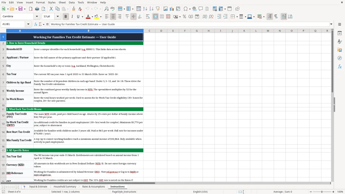 Screenshot 4: Instructions tab - Excel template working for families tax credit estimate excel spreadsheet nz