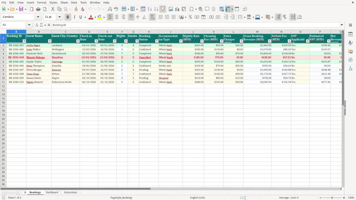 Screenshot 1: Bookings tab - Excel template airbnb bach booking calendar excel spreadsheet nz