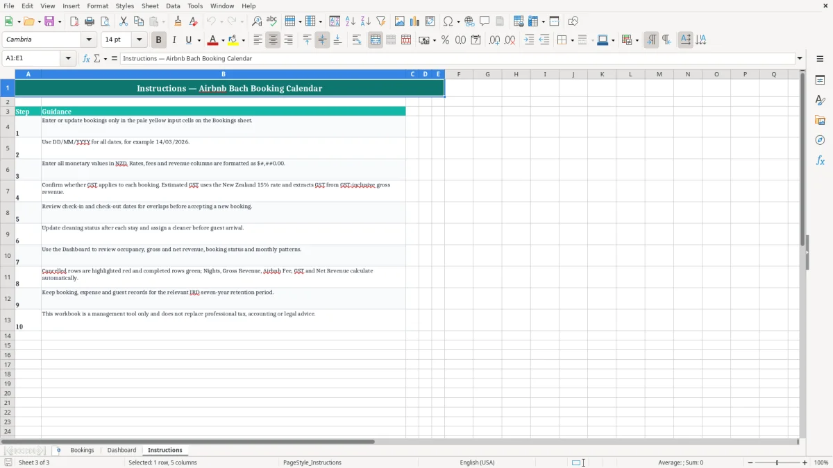 Screenshot 3: Instructions tab - Excel template airbnb bach booking calendar excel spreadsheet nz
