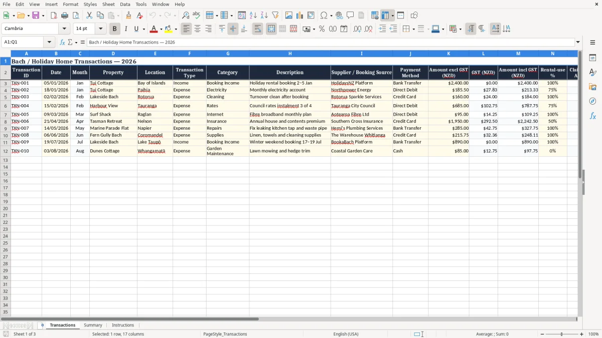 Screenshot 1: Transactions tab - Excel template bach holiday home running costs excel template nz