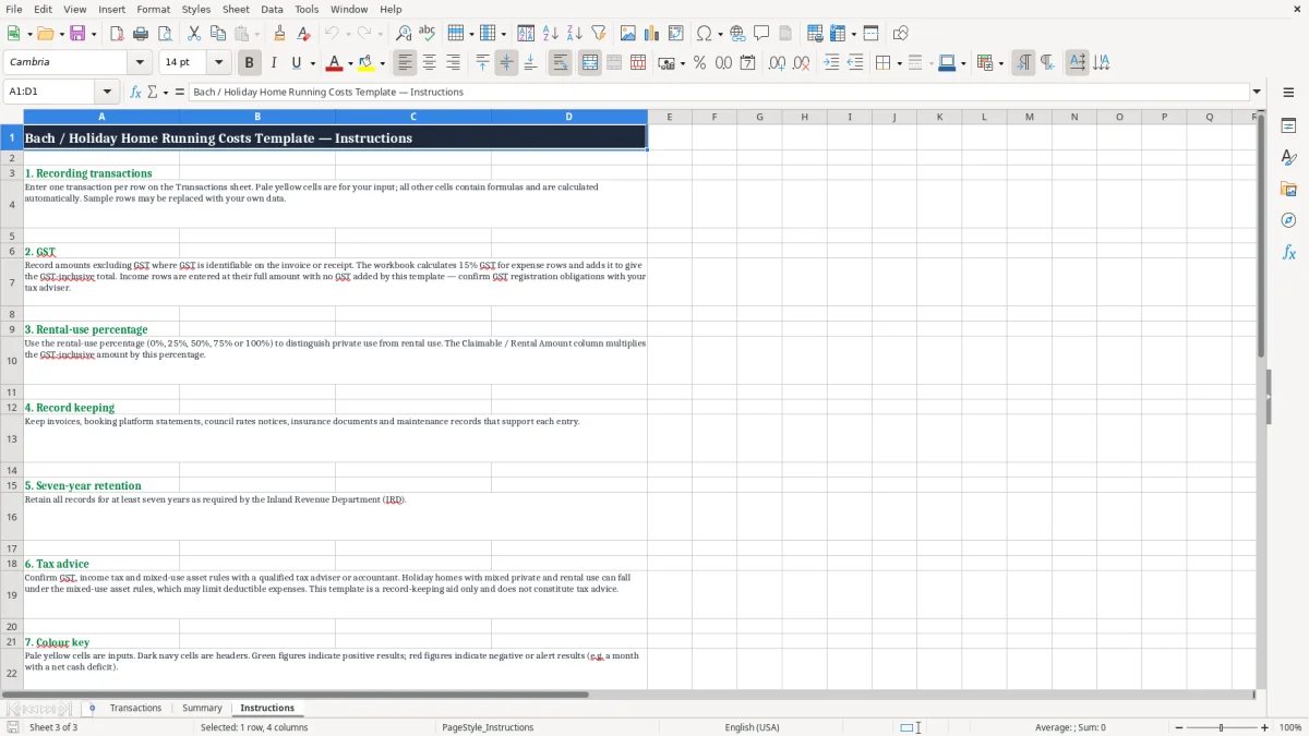 Screenshot 3: Instructions tab - Excel template bach holiday home running costs excel template nz