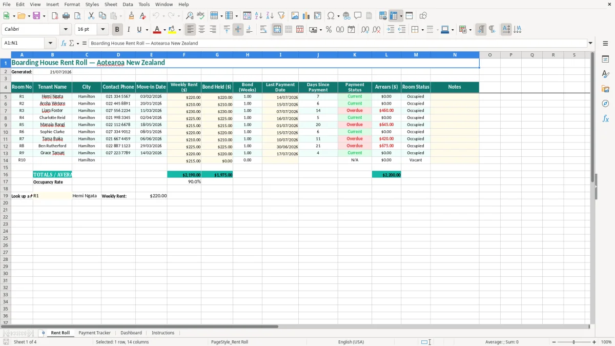 Screenshot 1: Rent Roll tab - Excel template boarding house rent roll excel template nz