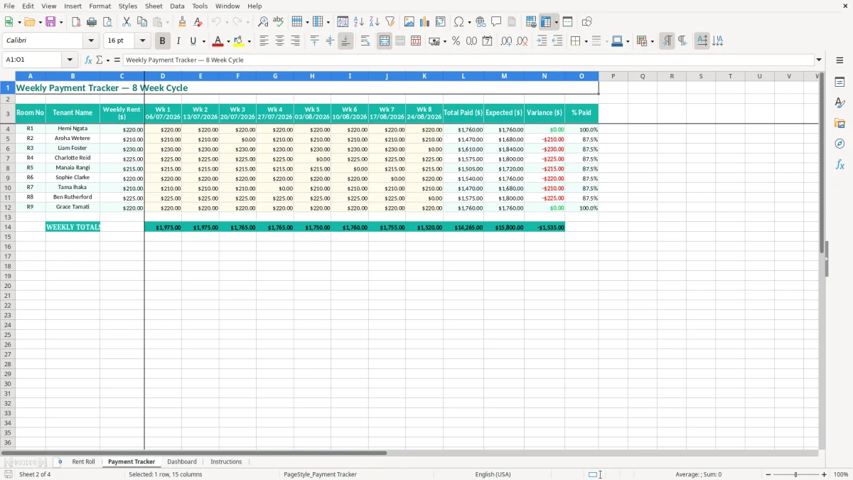 Screenshot 2: Payment Tracker tab - Excel template boarding house rent roll excel template nz