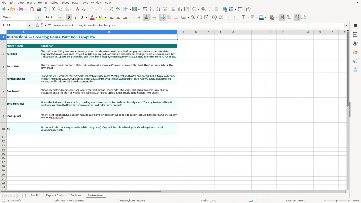 Screenshot 4: Instructions tab - Excel template boarding house rent roll excel template nz