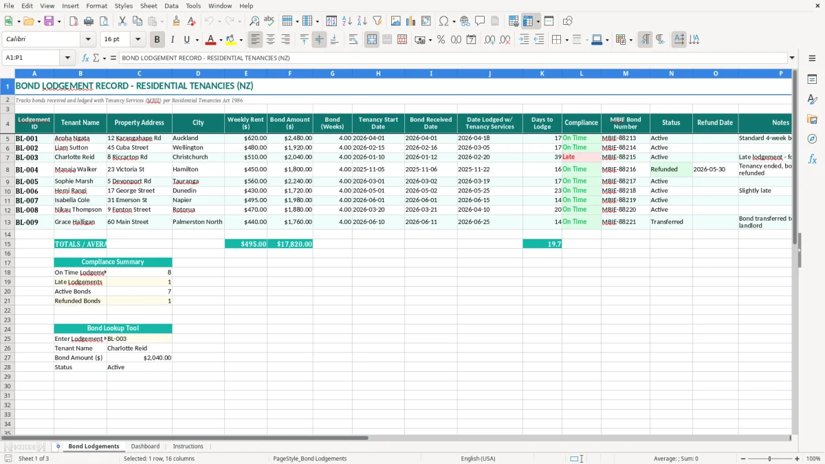 Screenshot 1: Bond Lodgements tab - Excel template bond lodgement record excel spreadsheet nz