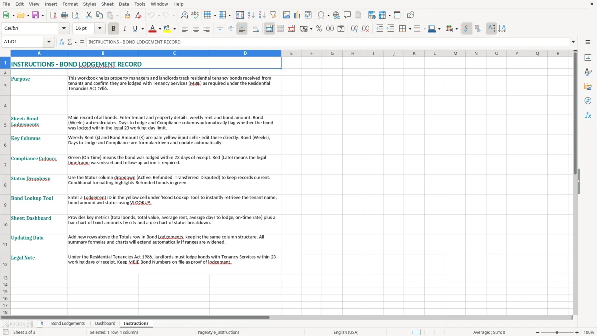 Screenshot 3: Instructions tab - Excel template bond lodgement record excel spreadsheet nz