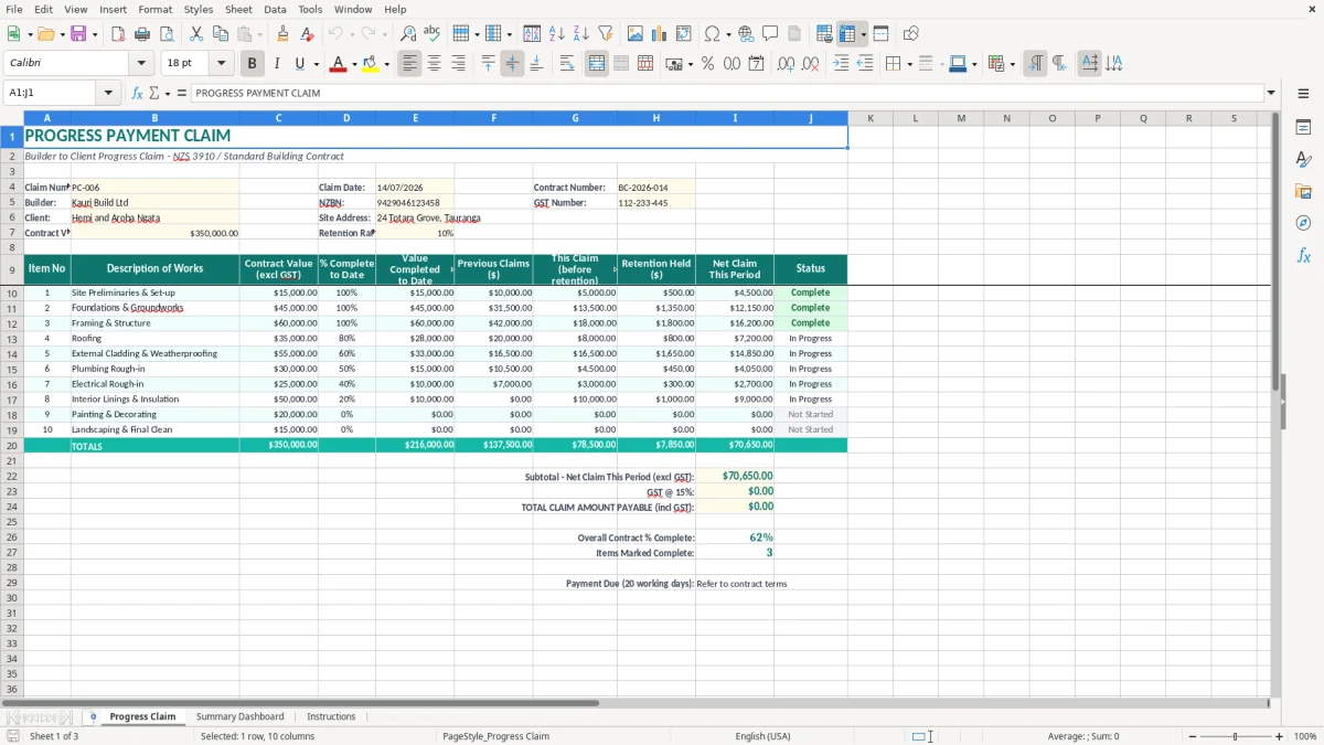 Screenshot 1: Progress Claim tab - Excel template builder progress payment claim excel spreadsheet nz